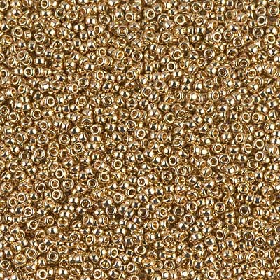 15/0 Miyuki Rocailles beads, round (approx. 1,5 mm), colour: 24 carat gold light plated (DB34), tube with approx. 8,2 grammes 