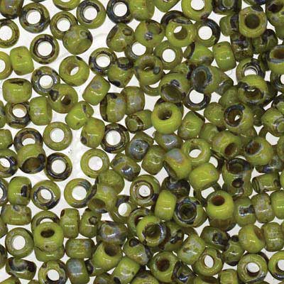 15/0 Miyuki Rocailles beads, round (approx. 1,5 mm), colour: Picasso Opaque Chartreuse, tube with approx. 8,2 grammes 