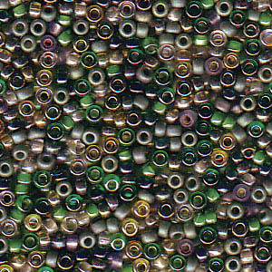 15/0 Miyuki Rocailles kralen, rond (ca. 1,5 mm), kleur: Mix Spring Leaves, tube met ca. 8,2 gram. 