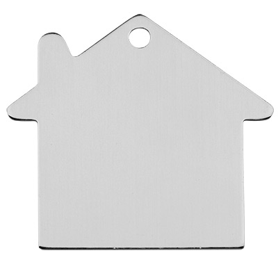 Dog tag, pendant, stamp blank, house, silver-coloured, 35 x 38 x 1 mm, eyelet 3 mm 
