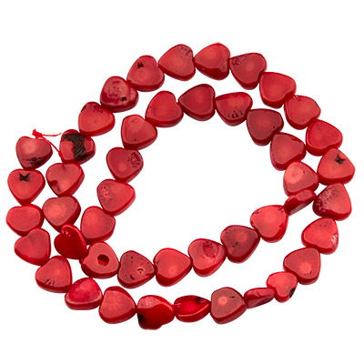 Brin de corail bambou, cœur, teinté en rouge, 9,5 x 10 mm, longueur du brin environ 39 cm 