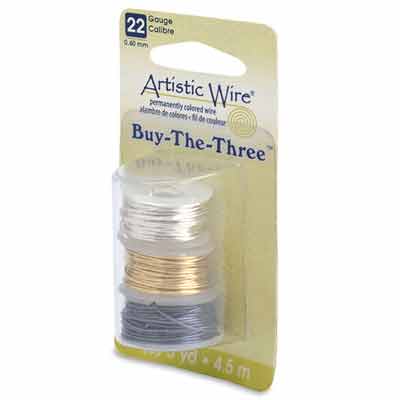 Beadalon Artistic Wire (modelling wire), 22 gauge (0.64 mm), Buy-The-3, silver-plated, brass-coloured, hematite colour, roll with 5 yd (4.5 m) each 
