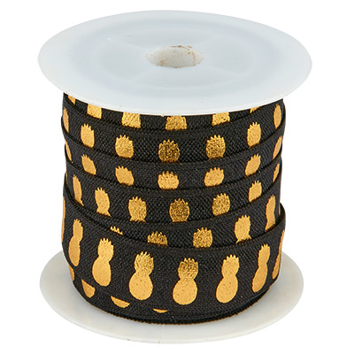 Flat elastic band, print: golden pineapple, band: black, width 15 mm, roll with 3 metres 