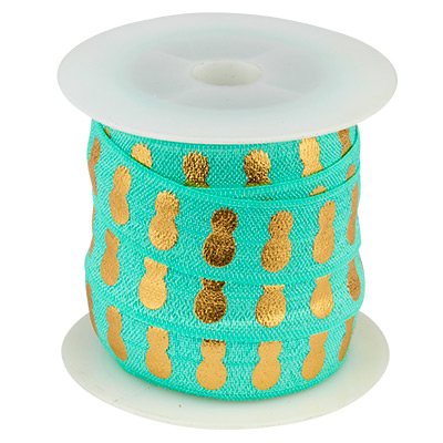 Flat elastic ribbon, print: golden pineapple, ribbon: turquoise, width 15 mm, roll with 3 metres 