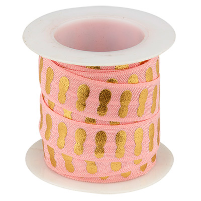 Flat elastic ribbon, print: golden pineapple, ribbon: pink, width 15 mm, roll with 3 meters 