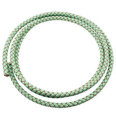 Braided cowhide cord, diameter 5 mm, turquoise, 1 metre 