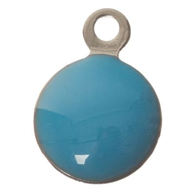 CM metal pendant round, flat, 11 x 8 mm, stainless steel, light blue enamelled 