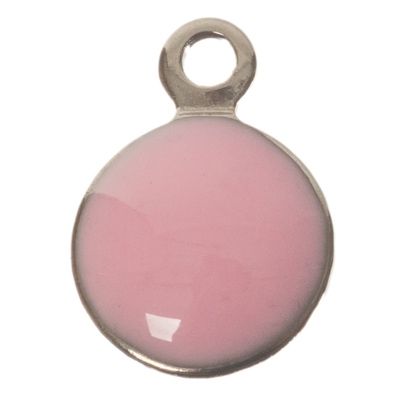 CM metal pendant round, flat, 11 x 8 mm, stainless steel, pink enamelled 