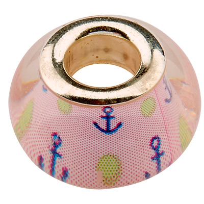 Perle acrylique motif ancre, 14 x 9 mm, ouverture pour enfiler : 5mm, bordure argentée 