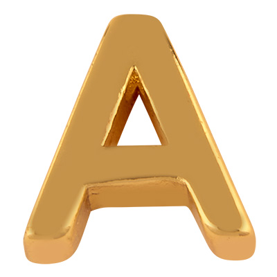 Letter: A, metal bead gold-coloured in letter shape, 8.5 x 8 x 3 mm, hole diameter: 0.8 mm 