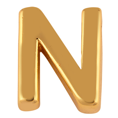 Brief: N, metalen kraal goudkleurig in lettervorm, 8,5 x 7 x 3mm, gatdiameter: 1,2mm 
