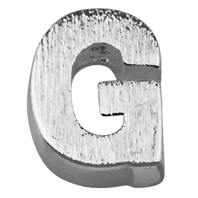 Letter: G, metalen kraal zilverkleurig en geborsteld in lettervorm, 5,5 x 4 x 2 mm, gatdiameter: 1 mm 