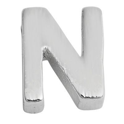 Brief: N, metalen kraal zilverkleurig en geborsteld in lettervorm, 5,5 x 4 x 2 mm, gatdiameter: 1 mm 