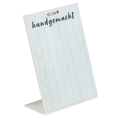 Acrylic jewellery stand for max. 20 pairs of stud earrings, motif "Handmade with love", white wood grain, 15 x 21 x 7 cm 