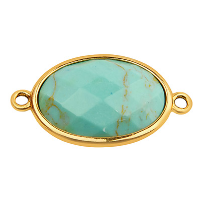 Gemstone bracelet connector oval, synthetic turquoise, 26 x 15 mm, two eyelets, gold-coloured setting 
