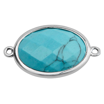 Gemstone bracelet connector oval, synthetic turquoise 26 x 15 mm, two eyelets, setting silver-coloured 
