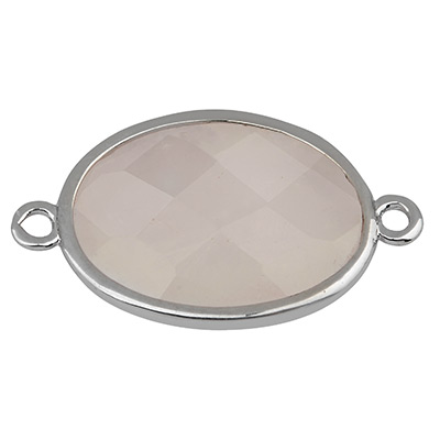 Gemstone bracelet connector oval, rose quartz, 26 x 15 mm, two eyelets, setting silver-coloured 