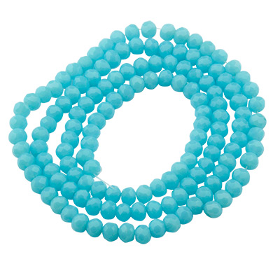 Strand of glass facet beads, roundel, approx. 4 x 3 mm, opaque, light blue, length of strand approx. 48 cm 