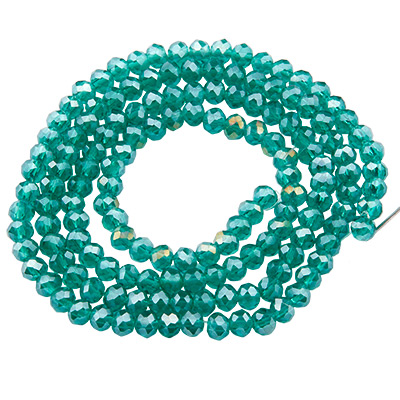 Strand of glass facet beads, rondel, approx. 4.5 x 3.5 mm, completely galvanised rainbow effect, sea green, length of strand approx. 46 cm 