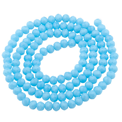 Strand of glass facet beads, round, approx. 4 x 3 mm, opaque, light blue, length of strand approx. 46 cm 