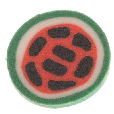 Cabochon, Shape: Melon, 10 x 1.8 mm, colour: green/red, material: polymer clay 