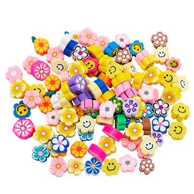 Polymer Clay Cabochon Mix Flowers, 8-12 x 8-12 x 4 mm, Bag with 100 Beads 