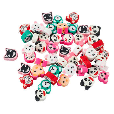 Mix of polymer clay beads, animals, 9,5 to 12 x 8 to 12 x 4 to 6 mm, hole: 1,6 mm, bag with 50 beads 