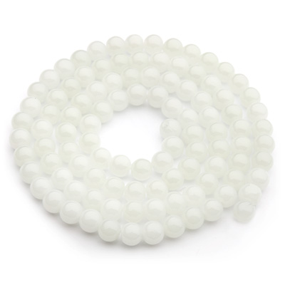 Perles de verre, jadelook, boule, blanc, diamètre 6 mm, écheveau d'environ 130 perles 