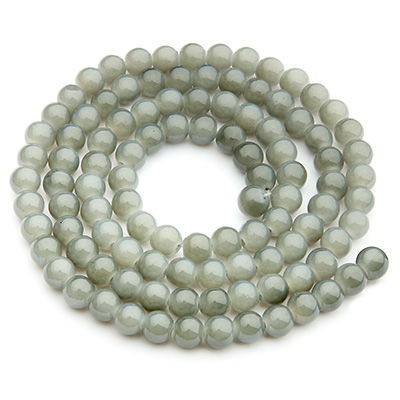 Perles de verre, jadelook, boule, gris diamètre 6 mm, écheveau d'environ 130 perles 