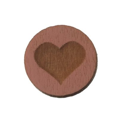 Houten cabochon, rond, diameter 12 mm, motief hart, roze 
