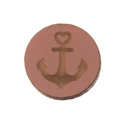 Wooden cabochon, round, diameter 12 mm, anchor motif, pink 