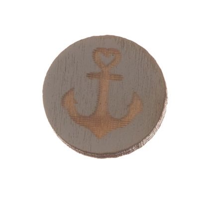 Wooden cabochon, round, diameter 12 mm, anchor motif, grey 