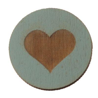 Houten cabochon, rond, diameter 20 mm, motief hart, lichtblauw 