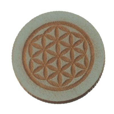 Wooden cabochon, round, diameter 20 mm, motif flower of life, light blue 