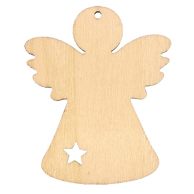 Wooden pendant, angel, natural, 78x64x2.5 mm, loop: 3 mm 