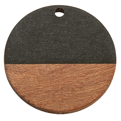 Wood and resin pendant,Round disc, 28.5 x 3.5 mm, eyelet 1.5 mm, black 