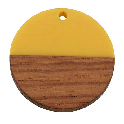 Wood and resin pendant, round disc, 28.5 x 3.5 mm, eyelet 1.5 mm, light yellow 