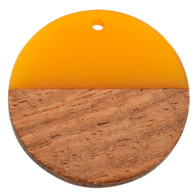Hanger van hout en hars, ronde schijf, 28,5 x 3,5 mm, oogje 1,5 mm, geel 