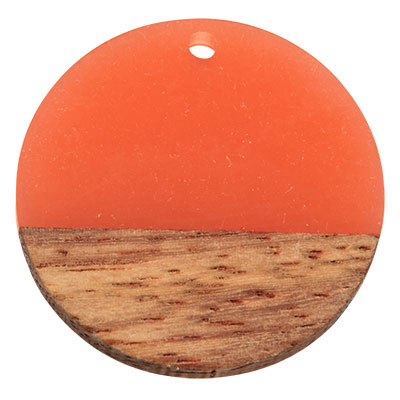 Wood and resin pendant, round disc, 28.5 x 3.5 mm, eyelet 1.5 mm, coral 