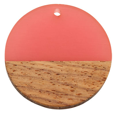 Wood and resin pendant,Round disc, 28.5 x 3.5 mm, eyelet 1.5 mm, pink 