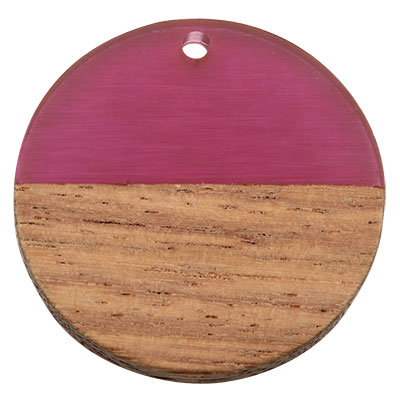 Wood and resin pendant,Round disc, 28.5 x 3.5 mm, eyelet 1.5 mm, purple 