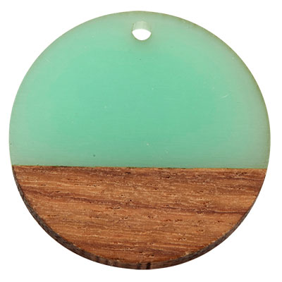Wood and resin pendant,Round disc, 28.5 x 3.5 mm, eyelet 1.5 mm, light turquoise 