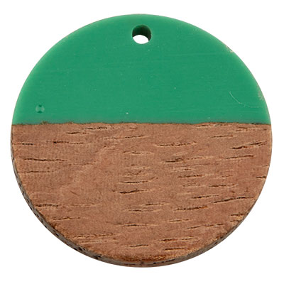 Wood and resin pendant, round disc, 28.5 x 3.5 mm, eyelet 1.5 mm, turquoise 