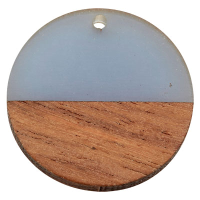 Wood and resin pendant,Round disc, 28.5 x 3.5 mm, eyelet 1.5 mm, light blue 