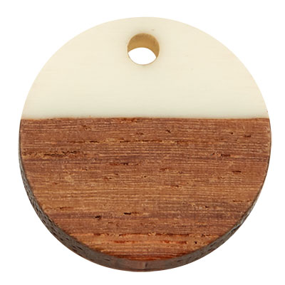 Wood and resin pendant, round disc, 15 x 3.5 mm, eyelet 1.8 mm, white 