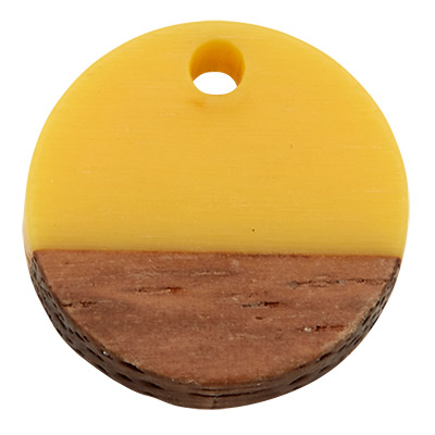 Wood and resin pendant, round disc, 15 x 3.5 mm, eyelet 1.8 mm, light yellow 