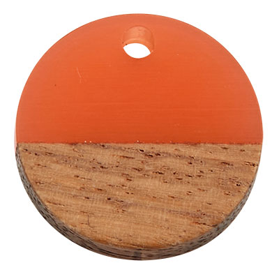 Wood and resin pendant, round disc, 15 x 3.5 mm, eyelet 1.8 mm, coral 
