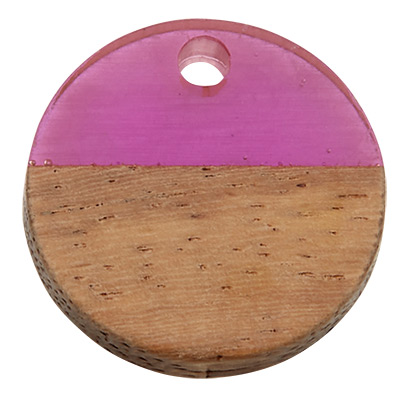Wood and resin pendant, round disc, 15 x 3.5 mm, eyelet 1.8 mm, violet 
