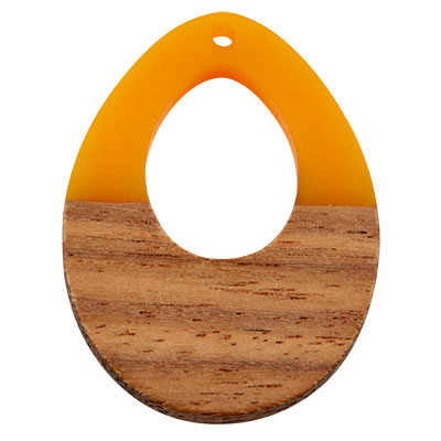 Pendant made of wood and resin, drop, 37.5 x 28.0 x 3.5 mm, eyelet 1.5 mm, yellow 