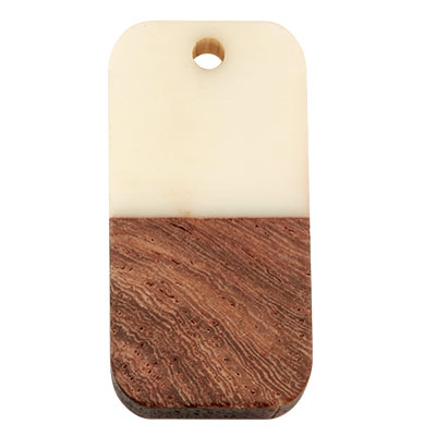 Pendant made of wood and resin, square, 26,5 x 13,0 x 3,5 mm, eyelet 1,8 mm, cream white 